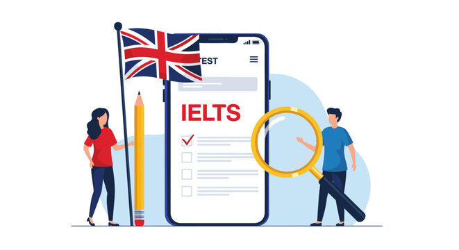 Students preparing for international english language testing system with giant smartphone and british flag icons.