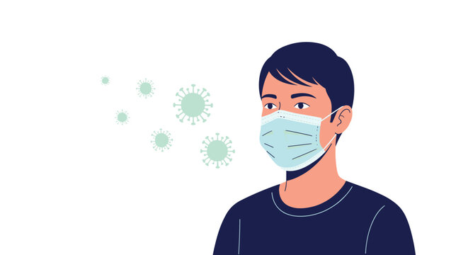 Young man wearing protective medical face mask to prevent respiratory infections and air pollution particles in the city.