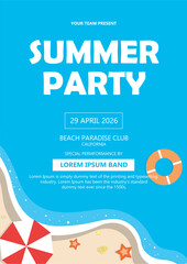 Summer Party Poster Template with Beach Illustration, Tropical Sea Waves, Sand, Parasol and Lifebuoy for Seasonal Event Promotion © rio
