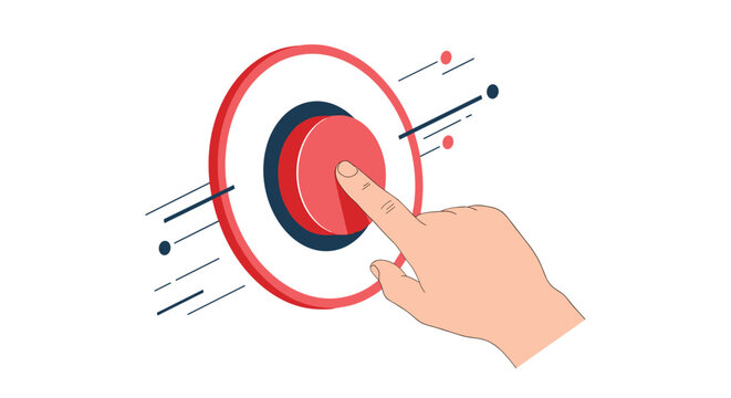 Human hand pressing large red emergency or start button for industrial control or urgent action execution concept.