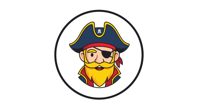 Cartoon pirate captain head with blond beard eye patch and tricorn hat in a circular frame for gaming or logo design.
