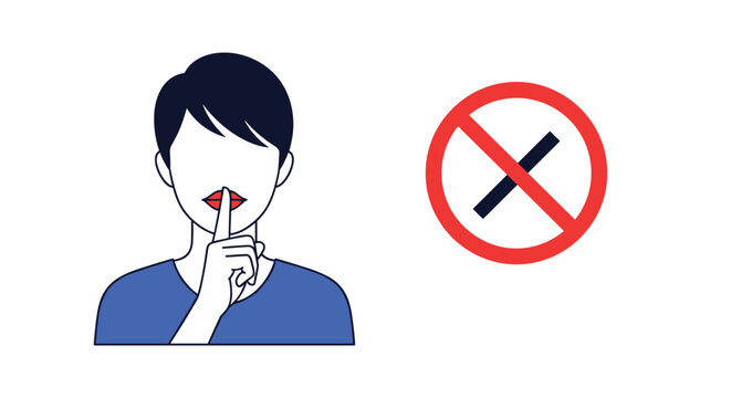 Person making a silence gesture with finger on lips next to a no talking or prohibited sound sign for quiet zones.