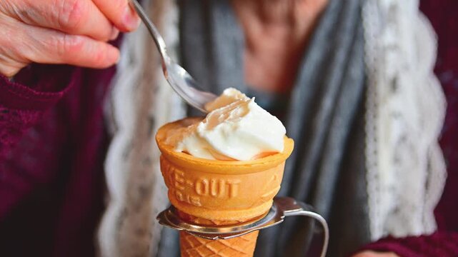 ソフトクリームを食べる女性