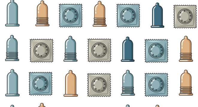 Seamless pattern background featuring various types of condoms in silver wrappers and different colors for health awareness.