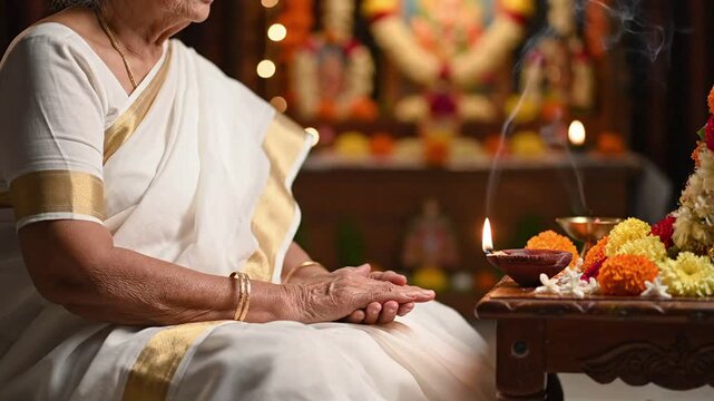 Elderly woman in traditional attire praying with hands folded near a lit diya and marigold flowers, devotional atmosphere