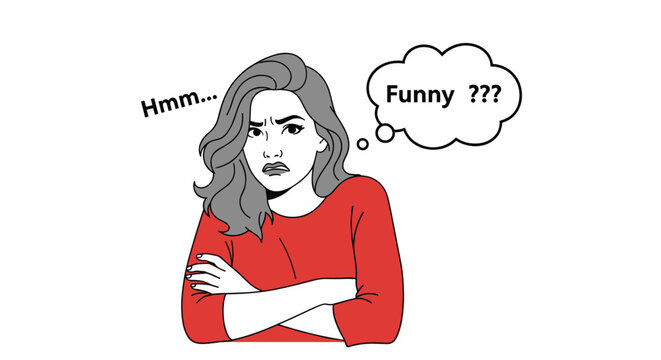 Thoughtful woman with grey hair and a red shirt standing with crossed arms while pondering and questioning humor or irony.