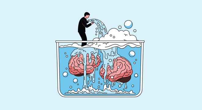 Conceptual illustration of a man pouring water from his hands over two brains submerged in a clear tank to wash them.