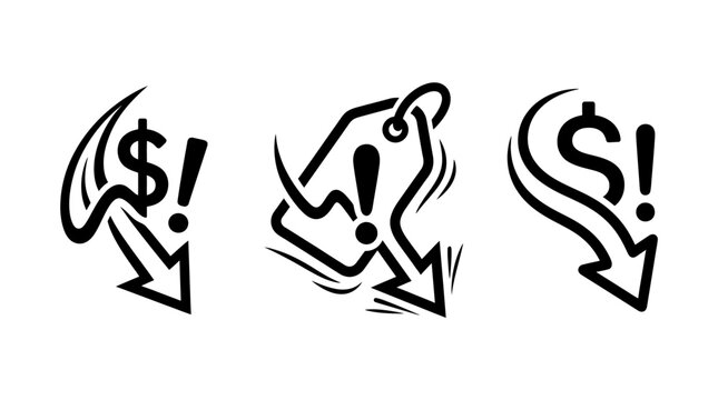 Black and white dollar sign with exclamation point and arrow.