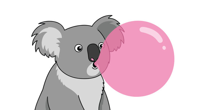 Cute grey koala bear character blowing a large pink bubble with bubblegum on a plain white background.