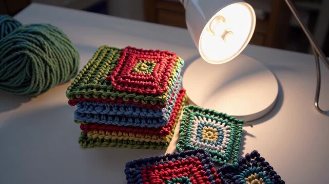 Stacked Colorful Crochet Squares Under Lamp, Green Yarn Ball On Desk, Warm Ambient Lighting Highlights Textured Stitches And Layered Coasters, Closeup Of Handmade Fibers And Pattern, Cozy Craft Studio