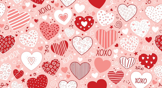 Valentines day heart pattern with red, pink, and white hearts and xoxo on pink background