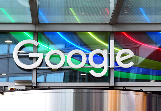 Warsaw, Poland, Europe - 03.2026 : Google logo at entrance to shopping centre in Warsaw Hub complex, entire complex -  office skyskrapers, shopping center, hotel building was sold to Google in 2022