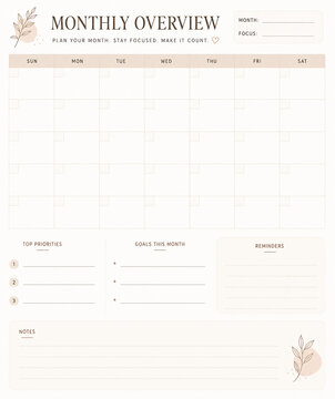 A planner layout for monthly scheduling and goal tracking. It&rsquo;s a digital image of a productivity tool. Setting: A digital screen.