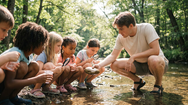 Summer camp counselor leading a group of kids in a stream ecology study, children crouching at the creek bank with magnifiers and collection