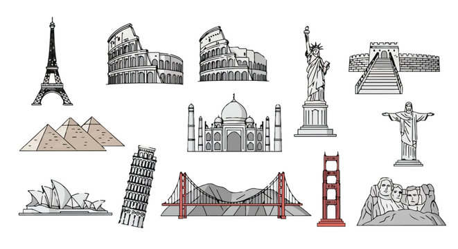 Illustrations of famous landmarks and monuments from around the world in a vector style