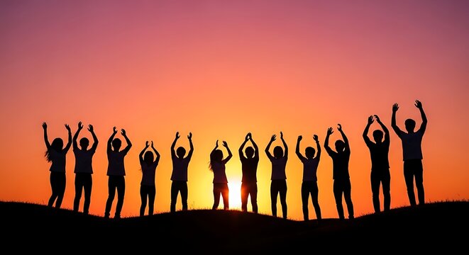 Silly people silhouettes dancing at sunset with bright orange background vector illustration
