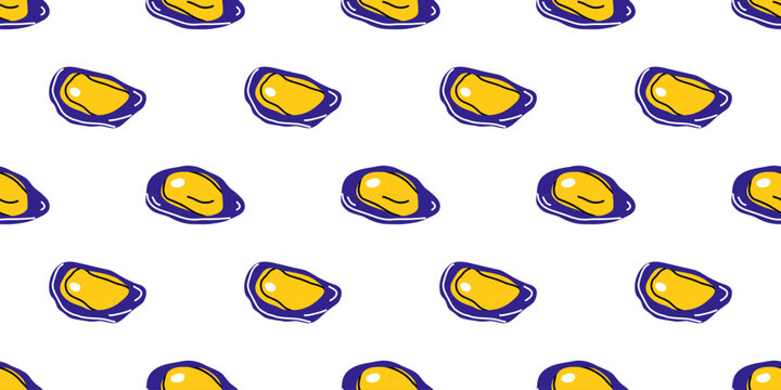 Vector marine seamless pattern with yellow mussel meat in dark blue shell on white background. Simple seafood repeat print for kitchen textile, wrapping paper and coastal restaurant decor.