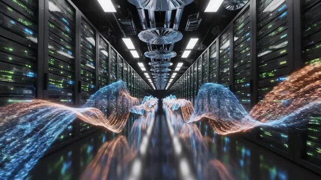 Server room with data waves perfect for IT presentations and tech marketing