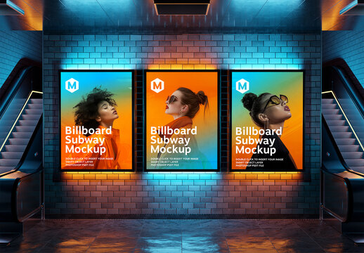 Three Billboards On Futuristic Underground Wall Mockup
