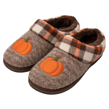 pair of gray plaid pumpkin embroidered slipper shoes with orange halloween theme isolated on transparent background