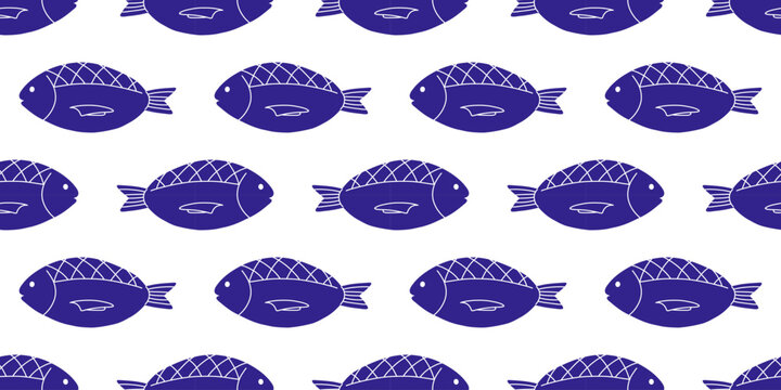 Vector seamless pattern with blue fish on white background. Fish with scale, fin and eyes. Playful marine repeat print for kids textile, wrapping paper, seafood restaurant menu and summer decor.
