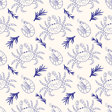 Vector seamless pattern with hand drawn outline monochrome doodle mediterranean blue navy crab, shrimp, rosemary on light background. Playful coastal seafood print for kitchen textile, wrapping paper.