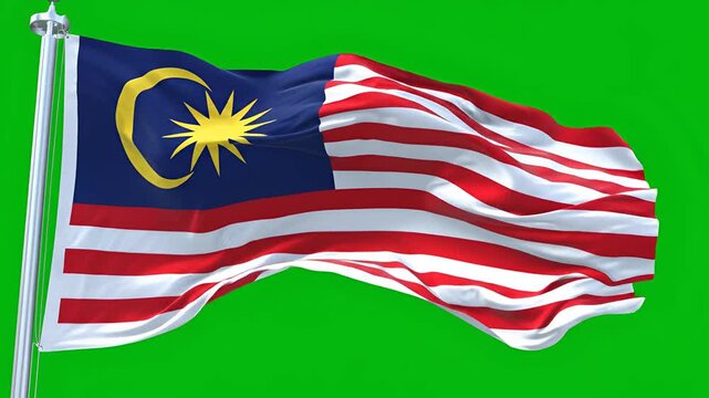 Malaysian Flag Waving Gracefully on Green Screen Background.