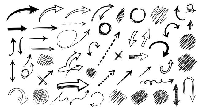 Collection of hand drawn arrows and circles in black ink.