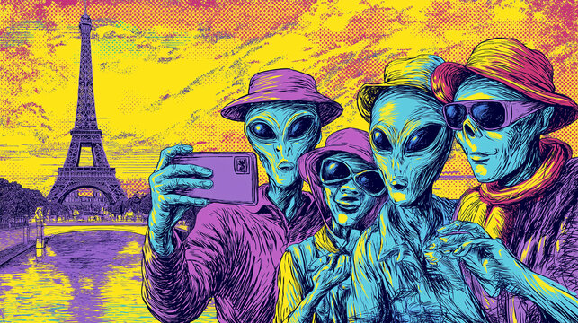 Aliens visiting Earth as tourists, snapping selfies at the Eiffel Tower - 1960s pop art parody style