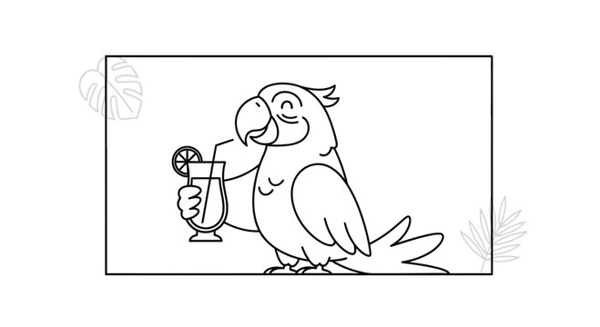 Happy Parrot Drinking Cocktail with Tropical Leaves Outline