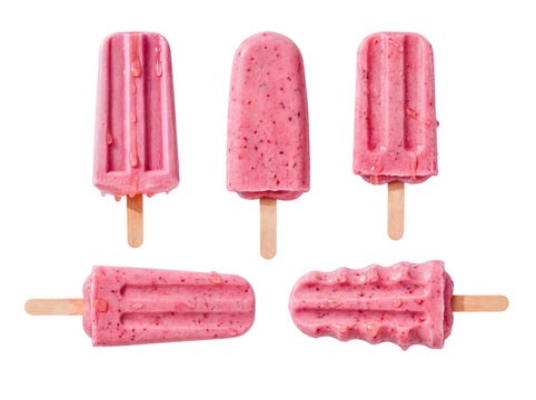 Collection of homemade pink fruit popsicles with drips on wooden sticks, isolated on a transparent background.