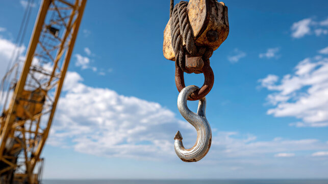 Close detail of crane hook, rigging, metal, industrial, construction, blue sky background