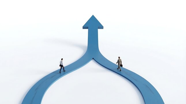 People On Split Blue Path Forming Upward Arrow.