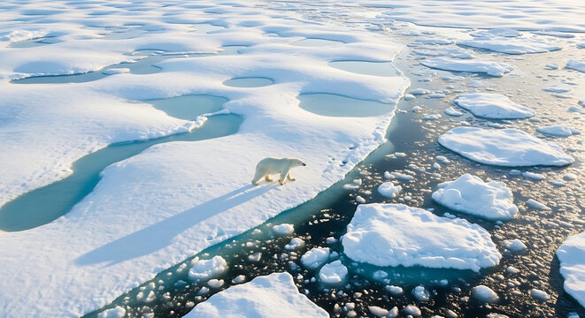 Polar Bear Walking on Melting Arctic Ice Under Clear Sky