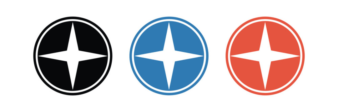 Compass star navigation badge icons featuring colorful directional symbols, clean vector illustration for travel guidance, mapping systems, and location UI design