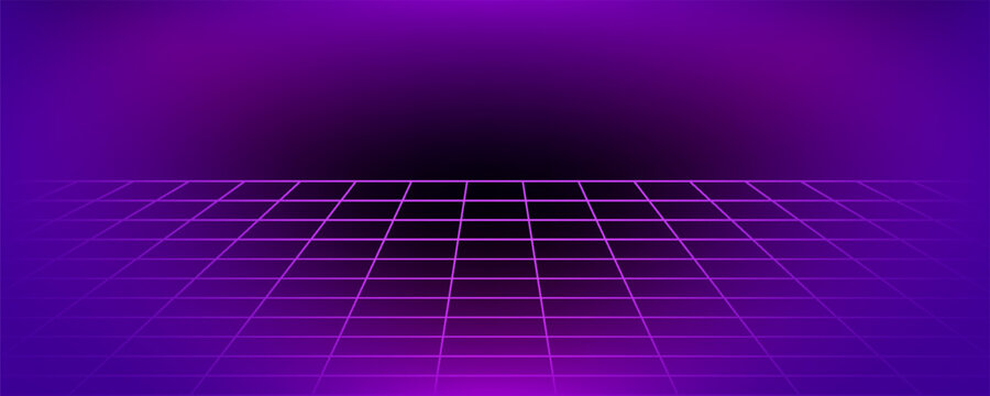 Glowing neon wireframe background. Purple shining checkered grid planes in perspective. Bright retro futuristic horizon wallpaper. Arcade game sci fi matrix surface. Vector backdrop for poster, banner