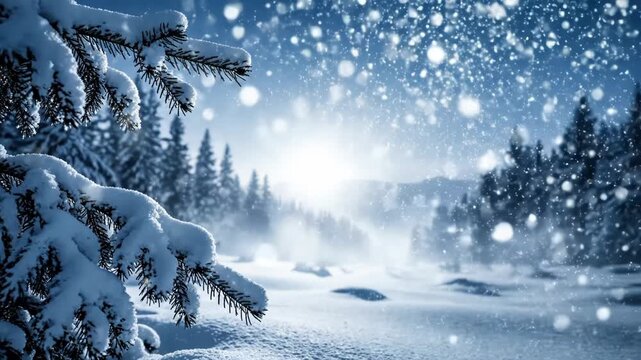 Beautiful winter landscape with snowcovered pine branch and bright sun shining through falling snow in forest