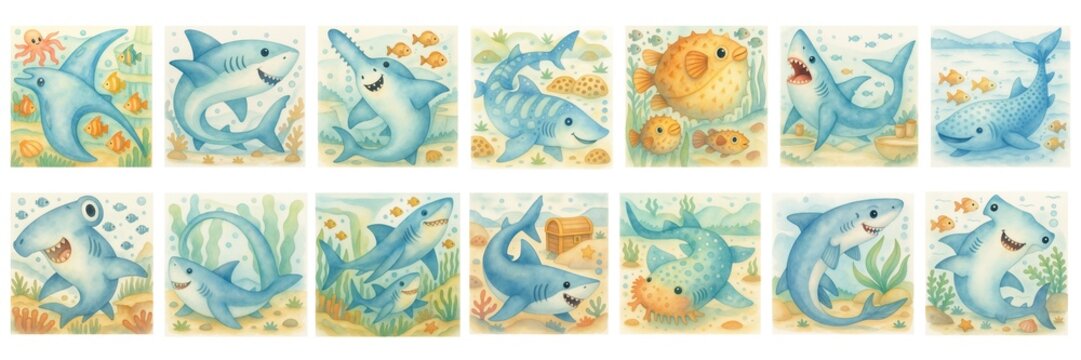 Set of cute watercolor sea creatures and sharks illustrations, friendly ocean animals collection for children nursery decor