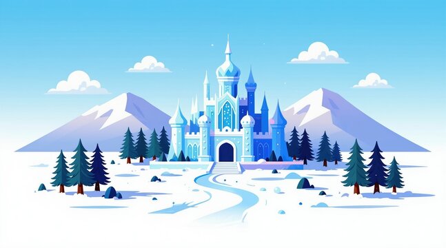 Blue ice castle on snowy mountain landscape. Evergreen trees stand on white ground with snowdrifts and rocks. Path leads to grand castle entrance. Winter wonderland scene with clear sky.