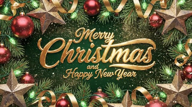 Merry christmas and happy new year greeting card with golden text, stars, red ornaments, and fir branches