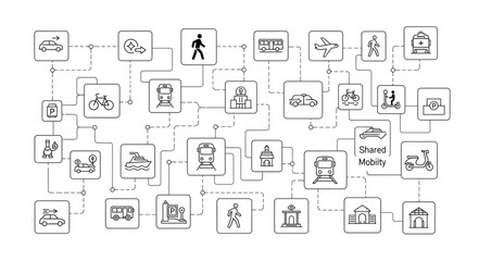 Flowchart of transportation and city icons connected by lines. © Januk