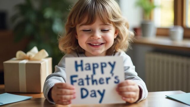 Child with joy holding Father's Day card at home with plant background