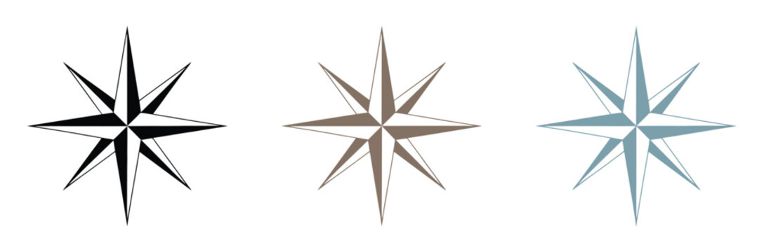 Compass wind rose star icons featuring colorful navigation symbols, clean vector illustration for direction guide, travel mapping, and maritime exploration concepts