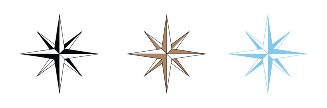 Compass wind rose star icon set in multiple colors, navigation direction vector design for travel maps, nautical exploration, and orientation systems
