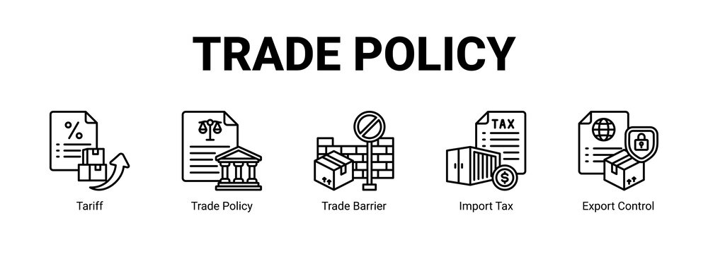Trade Policy web banner icon concept, with Tariff, Trade Policy, Trade Barrier, Import Tax.