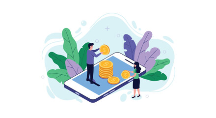 Obraz premium Couple putting golden dollar coins into a large mobile phone screen representing mobile banking and digital savings.