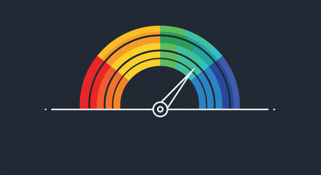 Colorful speedometer icon with needle pointing to green zone for high performance or speed testing on dark grey background.
