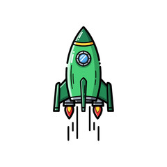 Fototapeta premium A colorful cartoon illustration of a green rocket ship launching into outer space