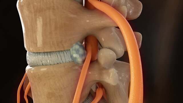 3D animation of herniated disc compressing the sciatic nerve, causing lower back pain radiating down the leg. Spinal disorder, inflammation, and nerve discomfort concept.