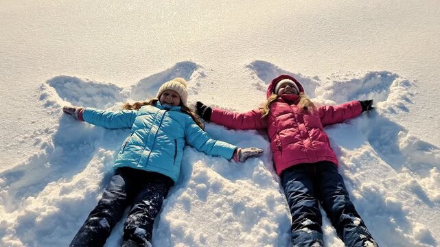 Two happy children making snow angels in bright winter sunlight